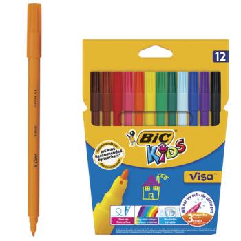 Фломастеры BIC "Kids Visa", 12 ЦВЕТОВ, суперсмываемые, вентилируемый колпачок, европодвес, 889695, 888695 - Премиум Сервис