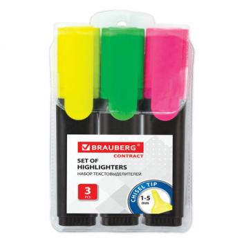 Набор текстовыделителей BRAUBERG 3 шт., АССОРТИ, "Contract", линия 1-5 мм, 150395 - Премиум Сервис