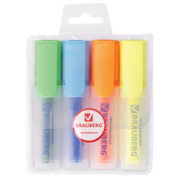 Набор текстовыделителей BRAUBERG 4 шт., АССОРТИ, "FLUO", линия 1-5 мм, 150403 - Премиум Сервис