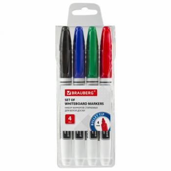 Маркеры стираемые для белой доски НАБОР 4 ЦВЕТА, BRAUBERG, 4 мм, эргономичный корпус, 150850 - Премиум Сервис