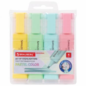 Набор текстовыделителей 4 ЦВЕТА, BRAUBERG "ORIGINAL PASTEL", линия письма 1-5 мм, 151697 - Премиум Сервис