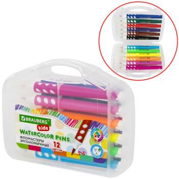 Фломастеры в суперкейсе эргономичные 12 цветов, вентилируемый колпачок, BRAUBERG KIDS, 152184 - Премиум Сервис