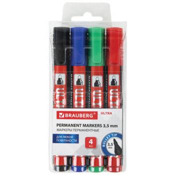 Маркеры перманентные BRAUBERG ULTRA MARKER, НАБОР 4 ЦВЕТА, круглый наконечник 3,5 мм, 152208 - Премиум Сервис