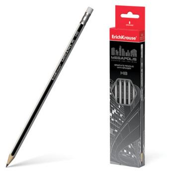 Карандаш чернографитный ERICH KRAUSE, 1 шт., "Megapolis", HB, с ластиком, корпус серебристый, заточенный, 32860 - Премиум Сервис