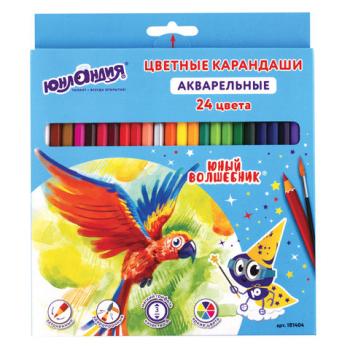 Карандаши цветные акварельные ЮНЛАНДИЯ "ЮНЫЙ ВОЛШЕБНИК", 24 цвета, шестигранные, заточенные, 181404 - Премиум Сервис