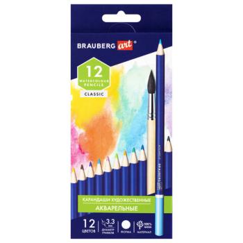 Карандаши художественные цветные акварельные BRAUBERG ART CLASSIC, 12 цветов, грифель 3,3 мм, 181529 - Премиум Сервис