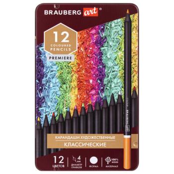 Карандаши художественные цветные BRAUBERG ART PREMIERE, 12 цветов, МЯГКИЙ грифель 4 мм, металл, 181540 - Премиум Сервис