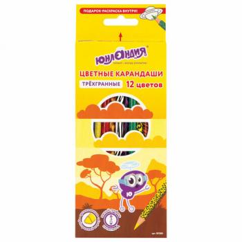 Карандаши цветные мягкие ЮНЛАНДИЯ "САФАРИ", 12 цветов, корпус с печатью, трехгранные, с раскраской, 181580 - Премиум Сервис