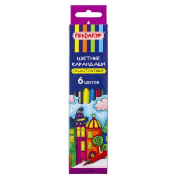Карандаши цветные ПИФАГОР "СКАЗОЧНЫЙ ГОРОД", 6 цветов, черный пластик, заточенные, 181582 - Премиум Сервис