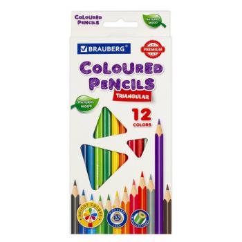 Карандаши цветные BRAUBERG PREMIUM, 12 цветов, трехгранные, грифель мягкий 3,3 мм, 181651 - Премиум Сервис