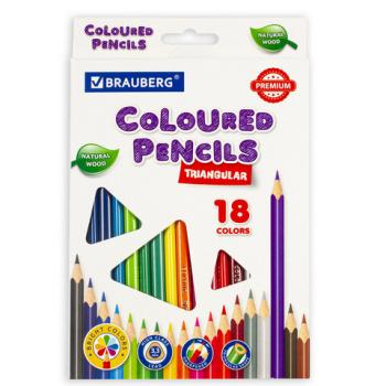 Карандаши цветные BRAUBERG PREMIUM, 18 цветов, трехгранные, грифель мягкий 3,3 мм, 181652 - Премиум Сервис