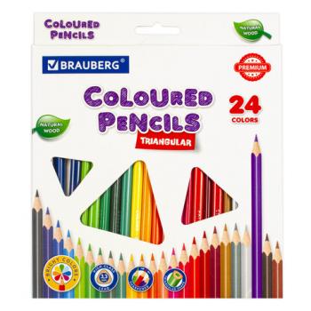 Карандаши цветные BRAUBERG PREMIUM, 24 цвета, трехгранные, грифель мягкий 3,3 мм, 181653 - Премиум Сервис