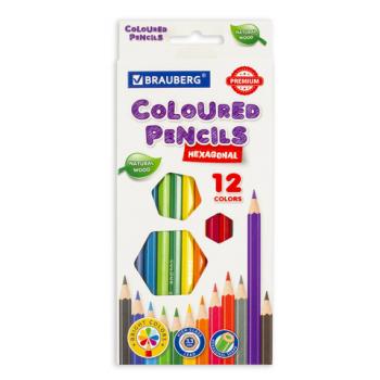 Карандаши цветные BRAUBERG PREMIUM, 12 цветов, шестигранные, грифель мягкий 3,3 мм, 181656 - Премиум Сервис