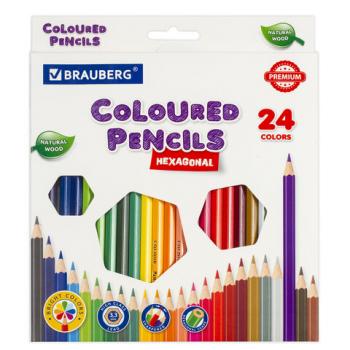 Карандаши цветные BRAUBERG PREMIUM, 24 цвета, шестигранные, грифель мягкий 3,3 мм, 181658 - Премиум Сервис