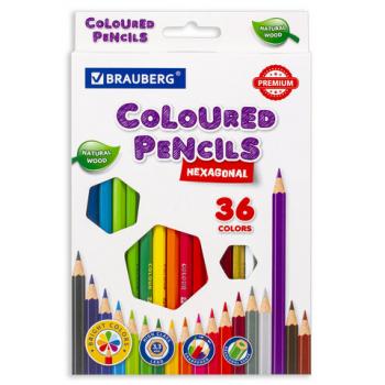Карандаши цветные BRAUBERG PREMIUM, 36 цветов, шестигранные, грифель мягкий 3,3 мм, 181659 - Премиум Сервис