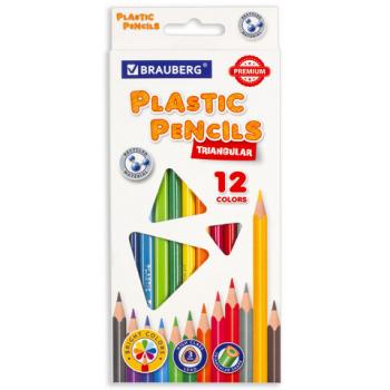 Карандаши цветные BRAUBERG PREMIUM, 12 цветов, пластиковые, трехгранные, грифель мягкий 3 мм, 181661 - Премиум Сервис