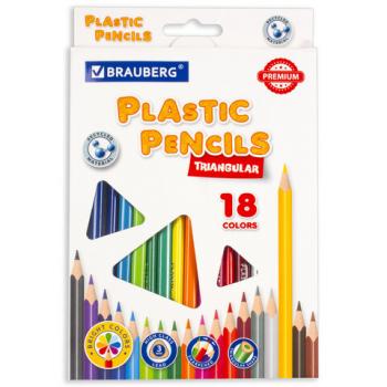 Карандаши цветные BRAUBERG PREMIUM, 18 цветов, пластиковые, трехгранные, грифель мягкий 3 мм, 181662 - Премиум Сервис