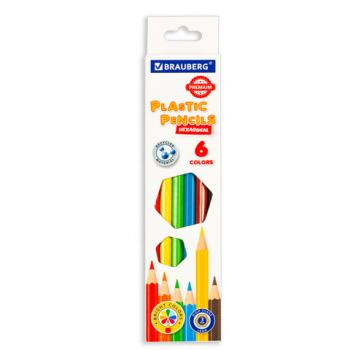 Карандаши цветные BRAUBERG PREMIUM, 6 цветов, пластиковые, шестигранные, грифель мягкий 3 мм, 181665 - Премиум Сервис