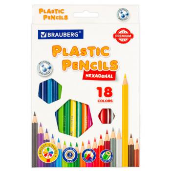 Карандаши цветные BRAUBERG PREMIUM, 18 цветов, пластиковые, шестигранные, грифель мягкий 3 мм, 181667 - Премиум Сервис