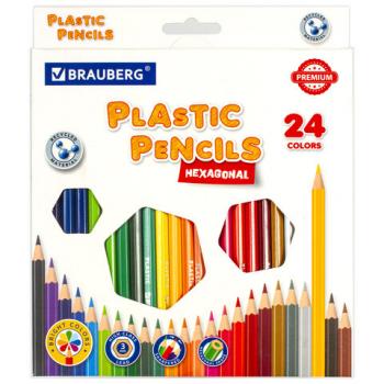Карандаши цветные BRAUBERG PREMIUM, 24 цвета, пластиковые, шестигранные, грифель мягкий 3 мм, 181668 - Премиум Сервис