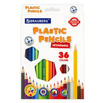 Карандаши цветные BRAUBERG PREMIUM, 36 цветов, пластиковые, шестигранные, грифель мягкий 3 мм, 181669 - Премиум Сервис