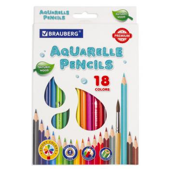 Карандаши цветные акварельные BRAUBERG PREMIUM AQUARELLE, 18 цветов, грифель мягкий 4 мм, 181672 - Премиум Сервис