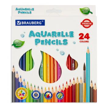 Карандаши цветные акварельные BRAUBERG PREMIUM AQUARELLE, 24 цвета, грифель мягкий 4 мм, 181673 - Премиум Сервис
