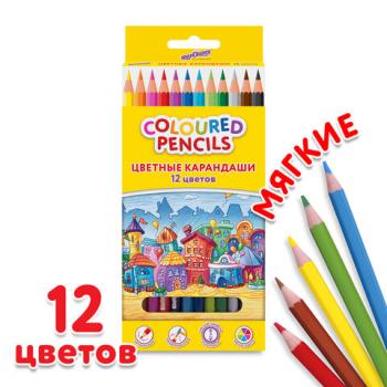 Карандаши цветные ЮНЛАНДИЯ "ДОМИКИ", 12 цветов, пластиковые, классические, грифель мягкий 3 мм, 181836 - Премиум Сервис