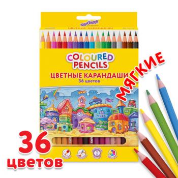 Карандаши цветные ЮНЛАНДИЯ "ДОМИКИ", 36 цветов, пластиковые, классические, грифель мягкий 3 мм, 181839 - Премиум Сервис