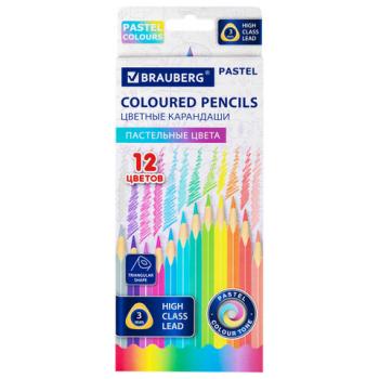 Карандаши цветные BRAUBERG PASTEL, 12 пастельных цветов, трёхгранные, грифель 3 мм, 181850 - Премиум Сервис