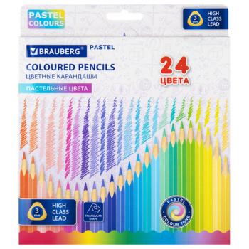 Карандаши цветные BRAUBERG PASTEL, 24 пастельных цвета, трёхгранные, грифель 3 мм, 181851 - Премиум Сервис