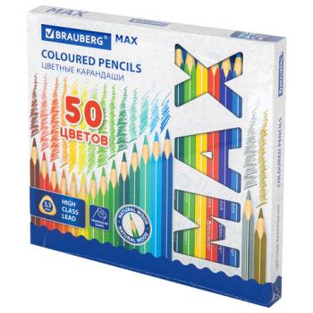Карандаши цветные супермягкие яркие трехгранные BRAUBERG MAX, 50 цветов, грифель мягкий 3,3 мм, 181860 - Премиум Сервис
