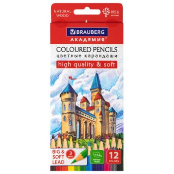 Карандаши цветные мягкие BRAUBERG АКАДЕМИЯ, 12 цветов, шестигранные, грифель 3 мм, 181864 - Премиум Сервис