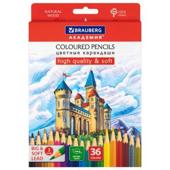 Карандаши цветные мягкие BRAUBERG АКАДЕМИЯ, 36 цветов, шестигранные, грифель 3 мм, 181867 - Премиум Сервис