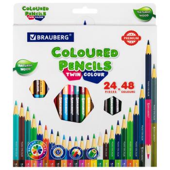 Карандаши цветные мягкие двусторонние BRAUBERG PREMIUM TWIN COLOUR, 24 штуки, 48 цветов, 181875 - Премиум Сервис