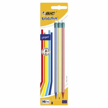 Карандаши чернографитные BIC Evolution "Stripes", НАБОР 3 шт., HB, с ластиком, блистер, 8902781 - Премиум Сервис