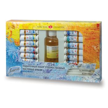 Краски масляные художественные "Ладога", 12 цветов по 18 мл + масло льняное 120 мл + 2 кисти, 1241967 - Премиум Сервис