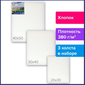 Холсты на подрамнике BRAUBERG ART CLASSIC, НАБОР 3шт, 380 г/м, 100%хлопок, среднее зерно, 191655 - Премиум Сервис