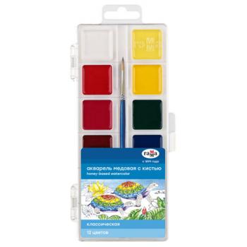 Краски акварельные ГАММА "Классическая", 12 цветов, медовая, c кистью, пластиковая коробка, европодвес, 1009201 - Премиум Сервис