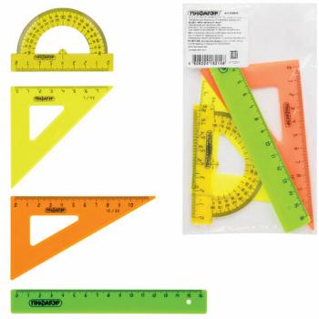 Набор чертежный малый ПИФАГОР (линейка 16 см, 2 треугольника, транспортир), непрозрачный, неоновый, пакет, 210624 - Премиум Сервис
