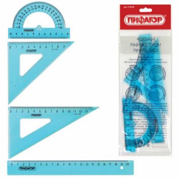 Набор чертежный средний ПИФАГОР (линейка 20 см, 2 треугольника, транспортир), тонированный, европодвес, 210628 - Премиум Сервис