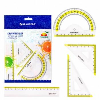 Набор чертежный малый BRAUBERG "FRESH ZONE" (линейка 15 см, 2 треугольника, транспортир), желтая шкала, 210762 - Премиум Сервис