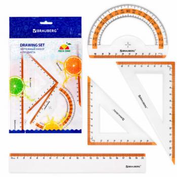 Набор чертежный средний BRAUBERG "FRESH ZONE" (линейка 20 см, 2 треугольника, транспортир), оранжевая шкала, 210763 - Премиум Сервис