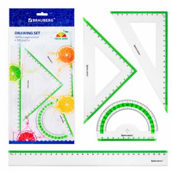 Набор чертежный большой BRAUBERG "FRESH ZONE" (линейка 30 см, 2 треугольника, транспортир) с салатовой шкалой, 210764 - Премиум Сервис
