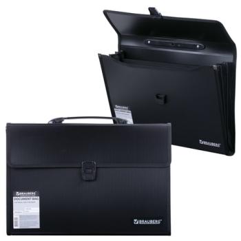 Папка-портфель пластиковая BRAUBERG А4+ (390х260х40 мм), 3 отделения, фактура линейная, черная, 221389 - Премиум Сервис