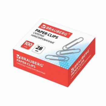 Скрепки BRAUBERG, 28 мм, никелированные, 100 шт., в картонной коробке, Россия, 221523 - Премиум Сервис