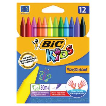 Мелки пластиковые BIC "Plastidecor", 12 цветов, ультрапрочные, круглые, картонная упаковка, подвес, 945764 - Премиум Сервис