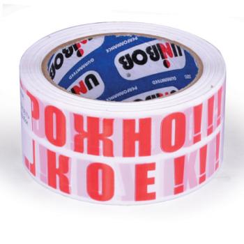 Клейкая лента упаковочная, 50 мм х 66 м, белая, надпись "ОСТОРОЖНО!!!ХРУПКОЕ!!!", толщина 50 микрон, UNIBOB - Премиум Сервис