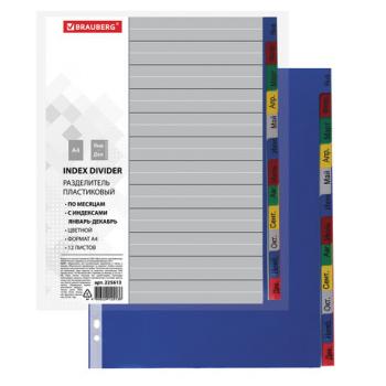 Разделитель пластиковый BRAUBERG, А4, 12 листов, Январь-Декабрь, оглавление, цветной, РОССИЯ, 225613 - Премиум Сервис