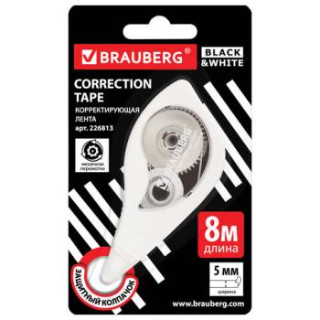 Корректирующая лента BRAUBERG "BLACK&WHITE" 5 мм х 8 м, корпус белый, механизм перемотки, блистер, 226813 - Премиум Сервис